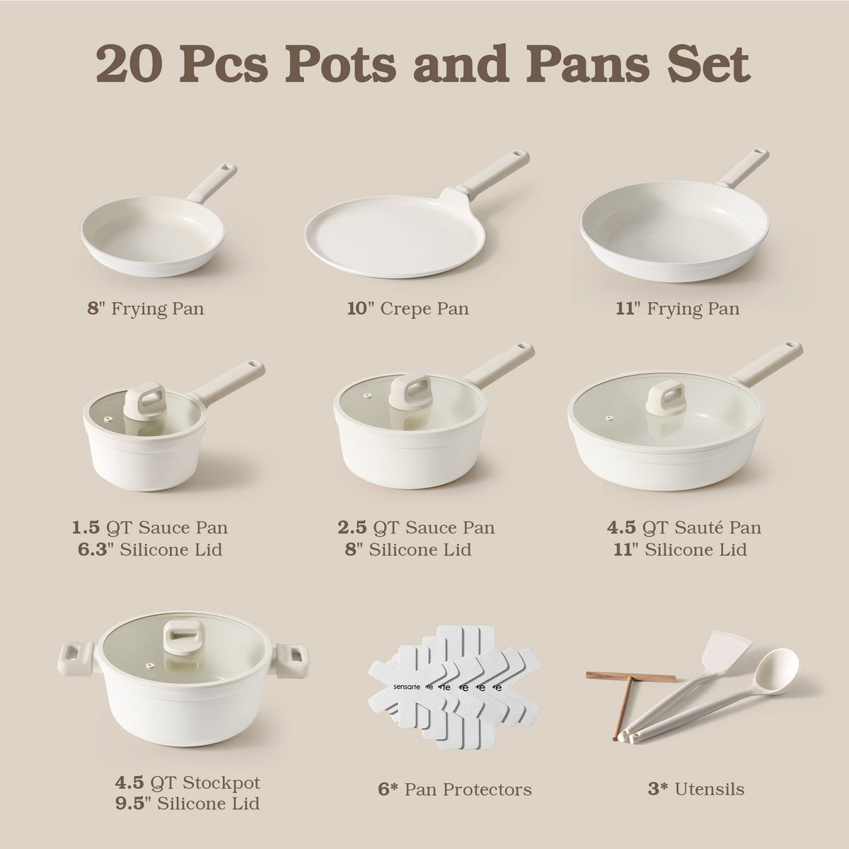 SENSARTE Ceramic Pots and Pans Set Nonstick, 20Pcs Cookware Set, White