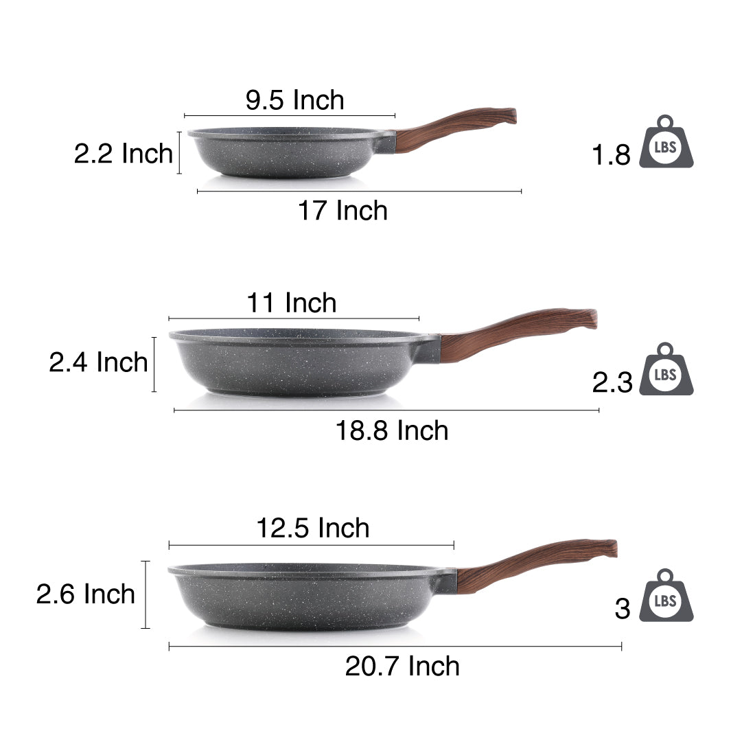 3-Piece Non Stick Pan Set, Swiss ILAG Granite Coating | Easy Clean