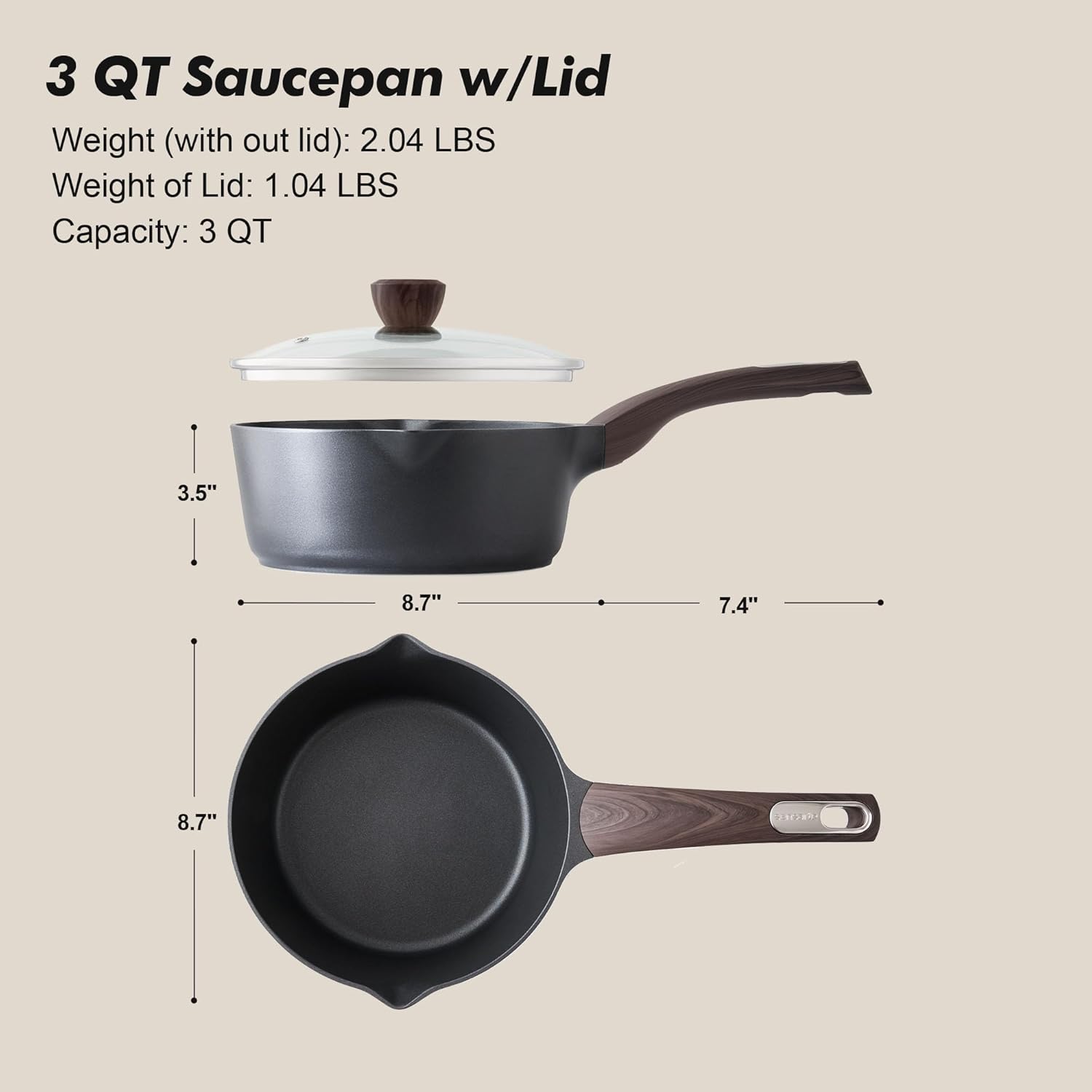 Sensarte Duramax Nonstick Sauce Pan with Lid, 1.5/2/2.5/-Quart Saucepan, Multipurpose Cooking Pot with Stay Cool Handle, Non toxic Kitchen Sauce Pot, Non stick Saucier Pan, Induction Comptable, PFOA Free