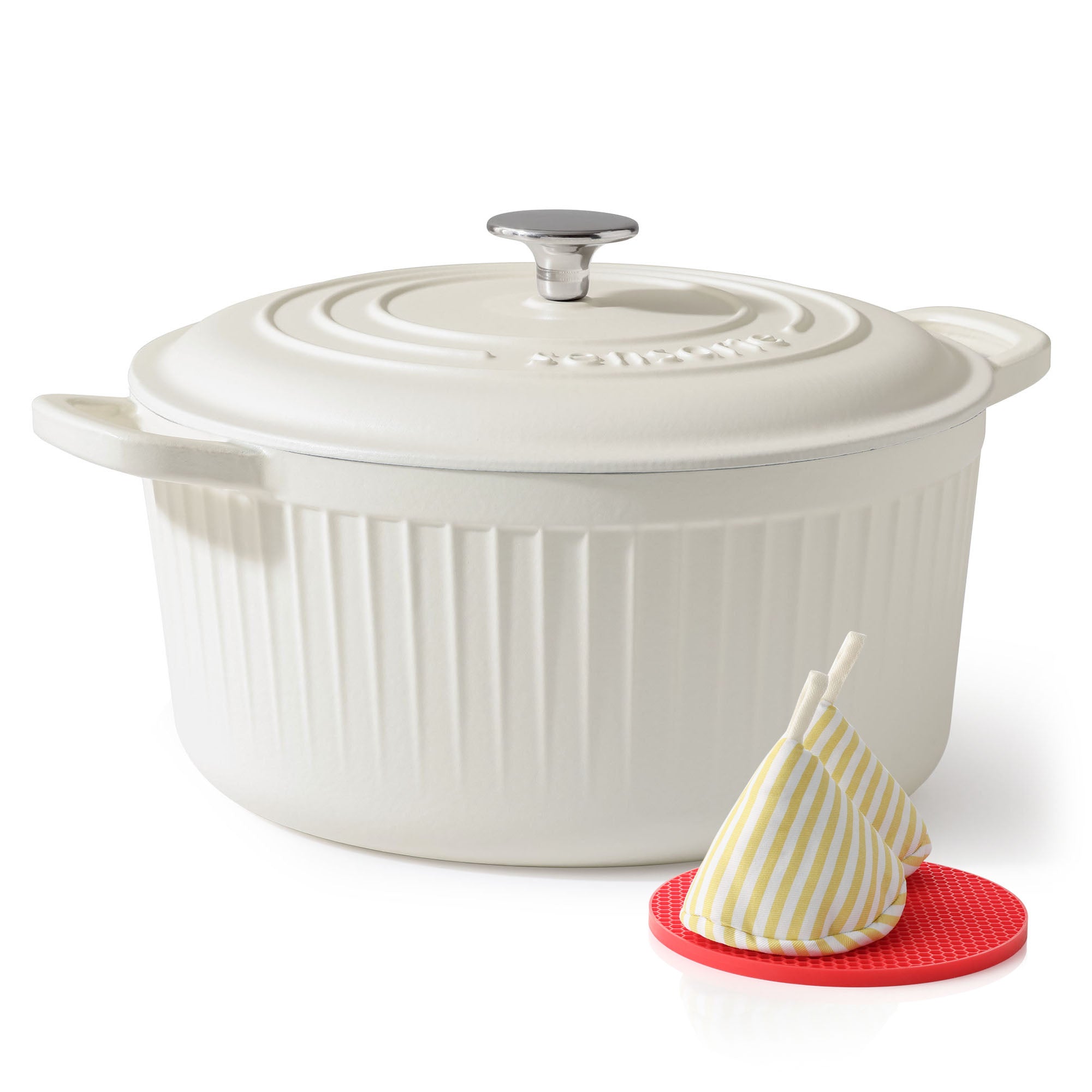 Sensarte Enameled Cast Iron Dutch Oven Pot with Lid 3.5/5.5/6.5 Quart Heavy-Duty Round Dual Handles Kitchen Pot with Cotton Potholders & Silicone Trivet, Pot for Bread Baking, Stews, Braising, Roasting, Oven Safe up to 500°F, White/Burgundy/Emerald/Pink