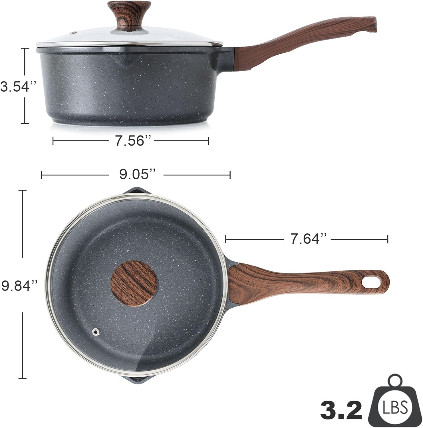 Sensarte Granite Stone Pan Nonstick Sauce Pan with Glass Lid, 1.5/2/2.5/3-Quarts, 2-Piece