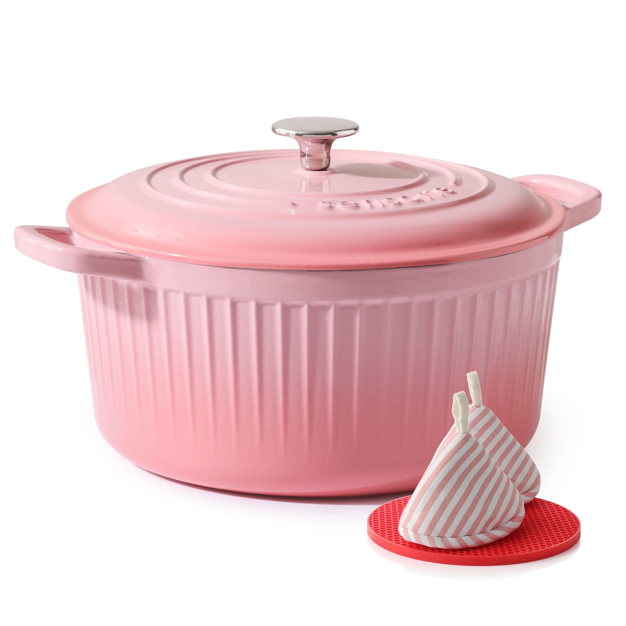 Sensarte Enameled Cast Iron Dutch Oven Pot with Lid 3.5/5.5/6.5 Quart Heavy-Duty Round Dual Handles Kitchen Pot with Cotton Potholders & Silicone Trivet, Pot for Bread Baking, Stews, Braising, Roasting, Oven Safe up to 500°F, White/Burgundy/Emerald/Pink