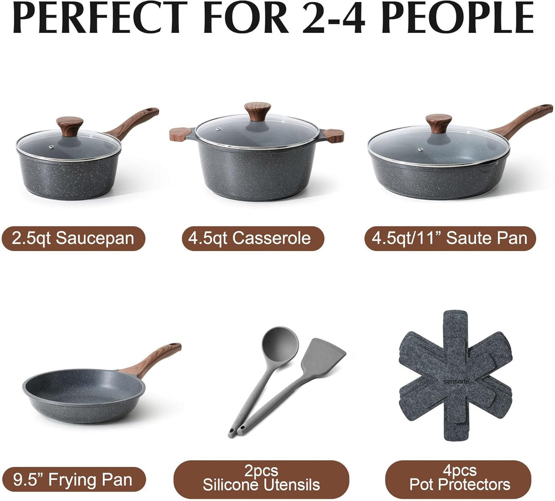 SENSARTE Nonstick Cookware Set 13-Piece, Non Stick Pots and Pans Set with Swiss Granite Coating, Non-toxic Kitchen Cooking Set, Stay-Cool Handles, PFOA Free