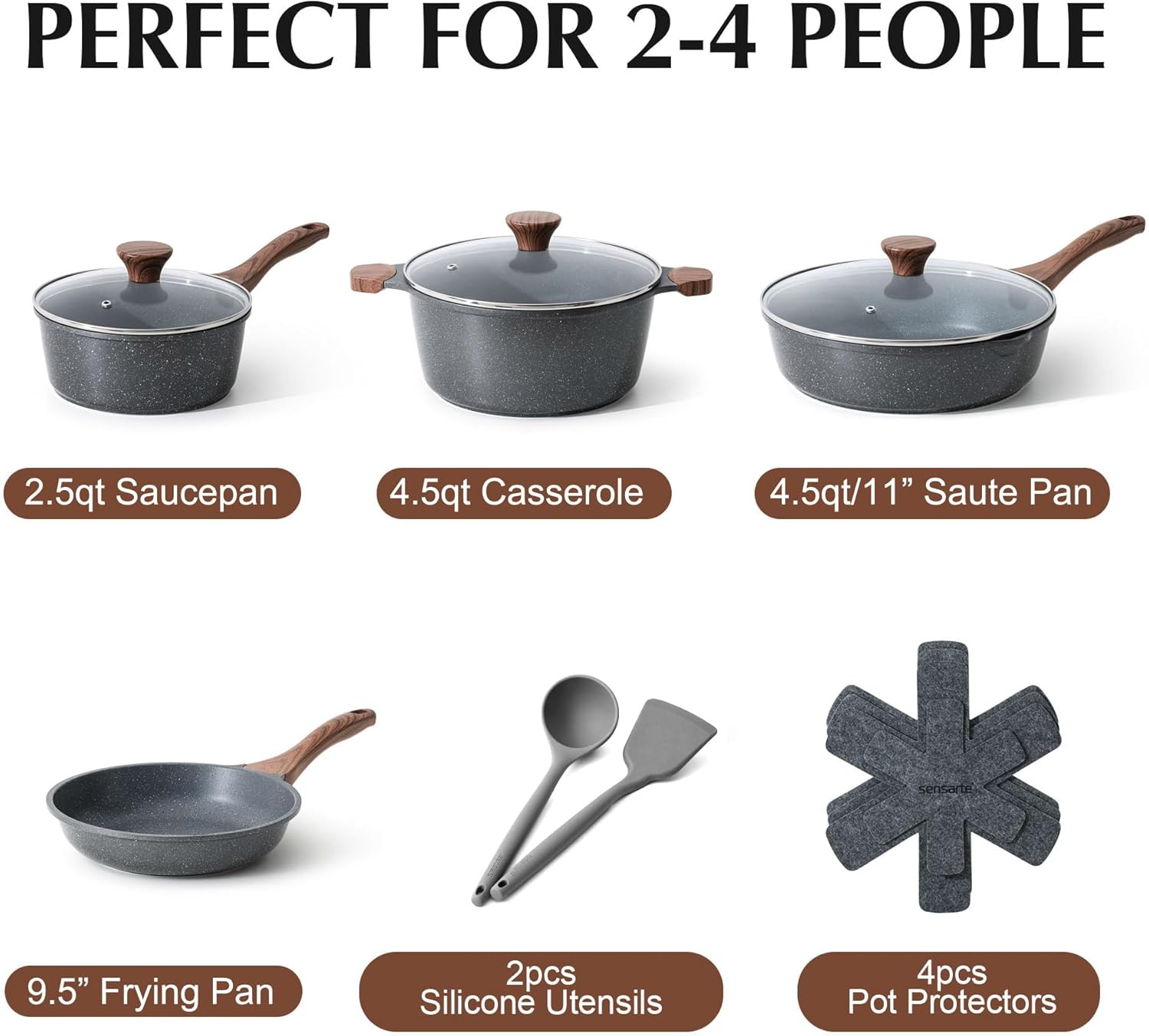 Sensarte Nonstick Cookware Set 13-Piece, Non Stick Pots and Pans Set with Swiss Granite Coating, Non-toxic Kitchen Cooking Set, Stay-Cool Handles, PFOA Free
