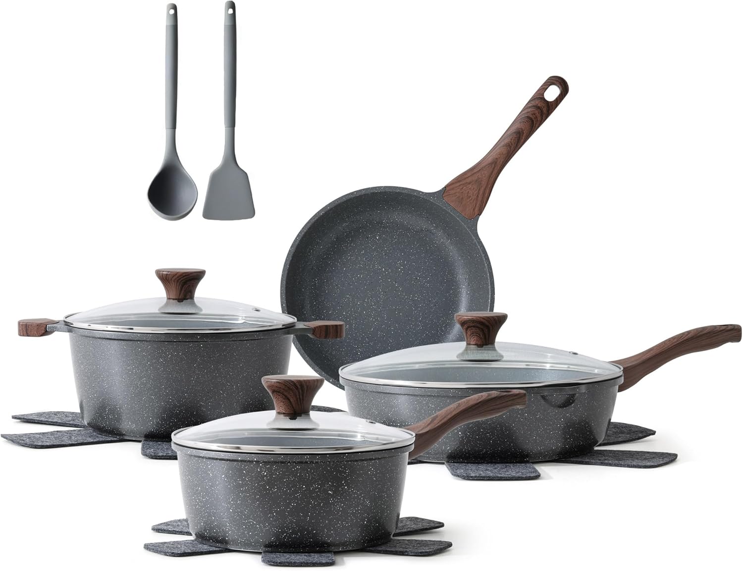 Sensarte Nonstick Cookware Set 13-Piece, Non Stick Pots and Pans Set with Swiss Granite Coating, Non-toxic Kitchen Cooking Set, Stay-Cool Handles, PFOA Free