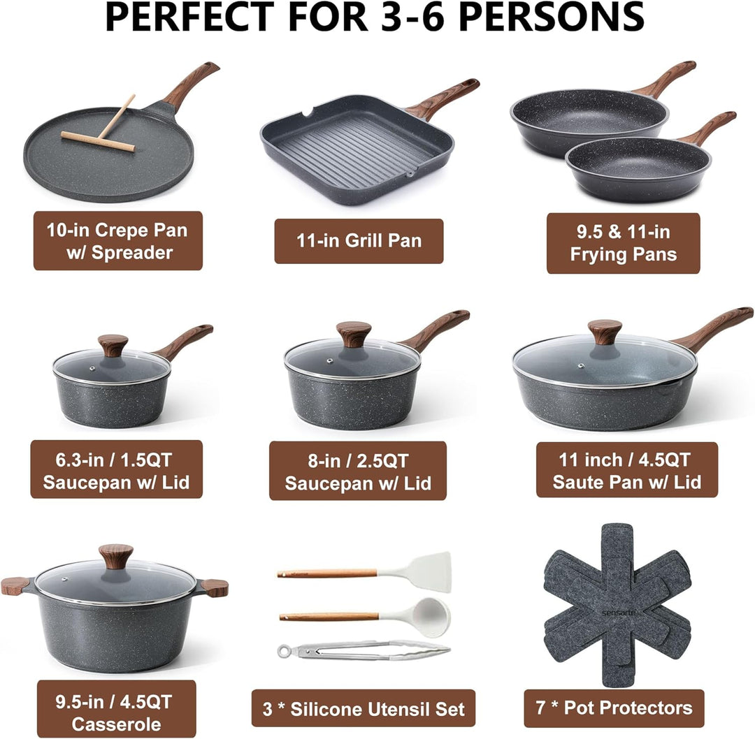 SENSARTE Nonstick Cookware Set 23-Piece, Non Stick Pots and Pans Set with Swiss Granite Coating, Healthy Kitchen Cooking Set, Stay-Cool Handles