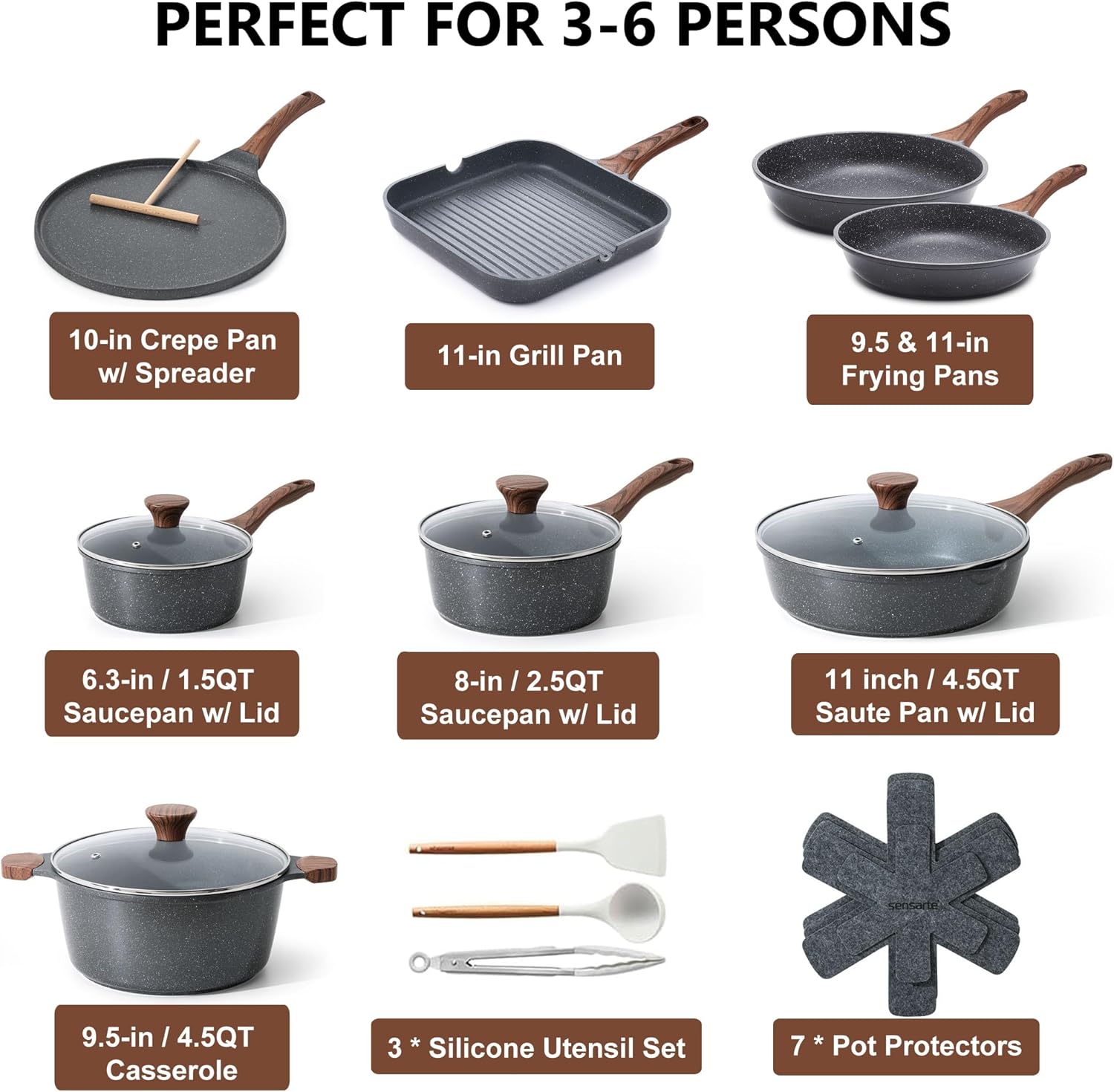 Sensarte Nonstick Cookware Set 23-Piece, Non Stick Pots and Pans Set with Swiss Granite Coating, Healthy Kitchen Cooking Set, Stay-Cool Handles