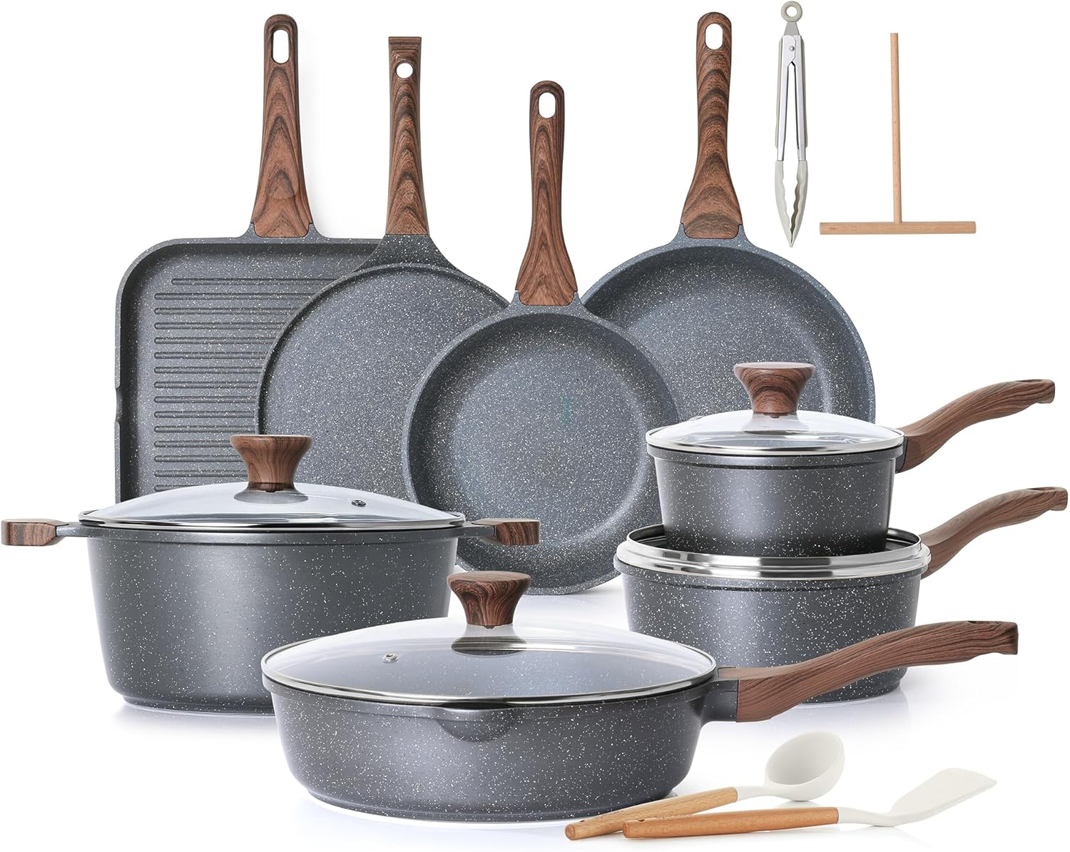 Sensarte Nonstick Cookware Set 23-Piece, Non Stick Pots and Pans Set with Swiss Granite Coating, Healthy Kitchen Cooking Set, Stay-Cool Handles