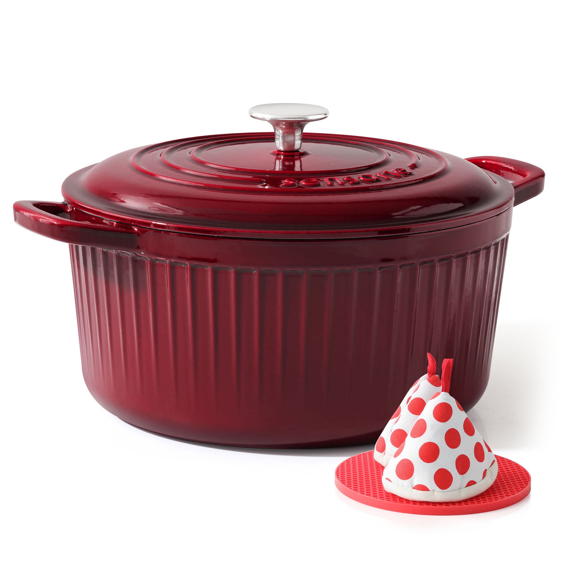 Sensarte Enameled Cast Iron Dutch Oven Pot with Lid 3.5/5.5/6.5 Quart Heavy-Duty Round Dual Handles Kitchen Pot with Cotton Potholders & Silicone Trivet, Pot for Bread Baking, Stews, Braising, Roasting, Oven Safe up to 500°F, White/Burgundy/Emerald/Pink