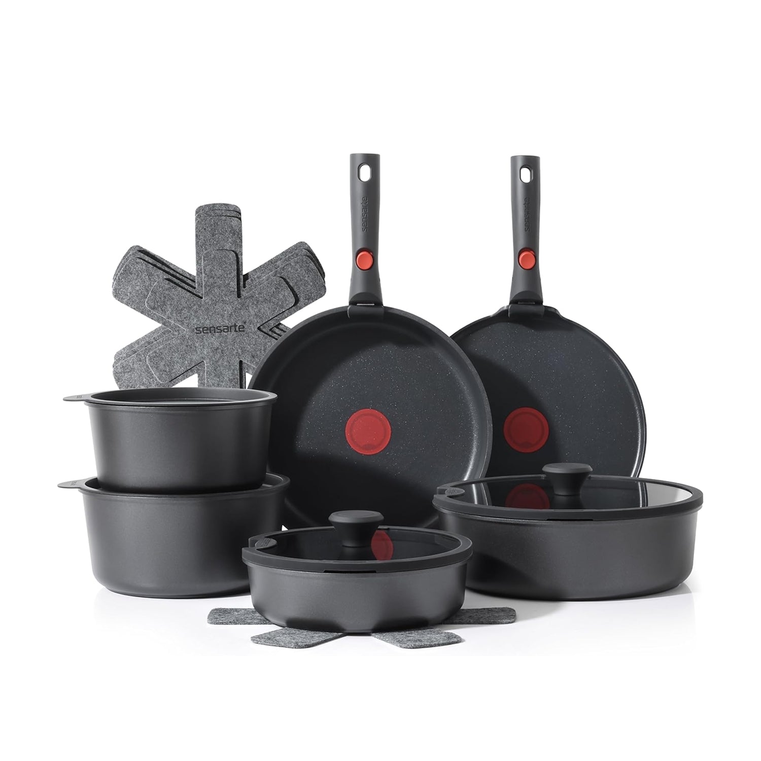 Sensarte Red-Dot 17 Piece Pots and Pans Cookware Set, Nonstick Detachable Handle, Induction Thermo-Signal, Non Stick for RV, Dishwasher ＆ Oven Safe