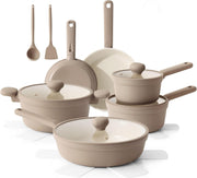 Sensarte Ceramic Nonstick Pots and Pans Set 17pcs, Healthy Induction Cookware Set, Nontoxic Kitchen Cooking Set with Skillets & Saucepans, Stay-cool Handles, PFAS PTFE PFOA PFOS Free, Almond Beige