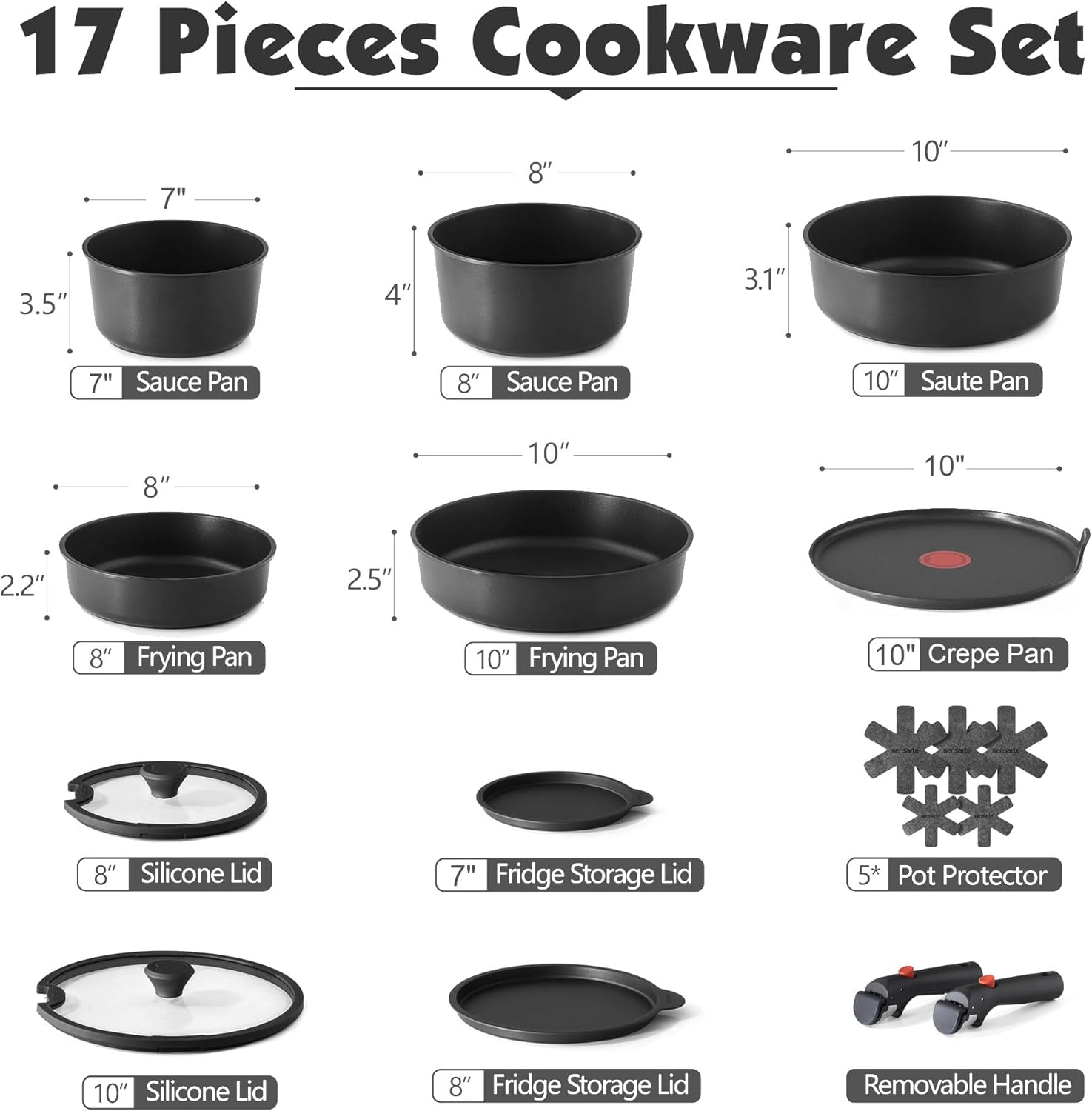 Sensarte Red-Dot 17 Piece Pots and Pans Cookware Set, Nonstick Detachable Handle, Induction Thermo-Signal, Non Stick for RV, Dishwasher ＆ Oven Safe
