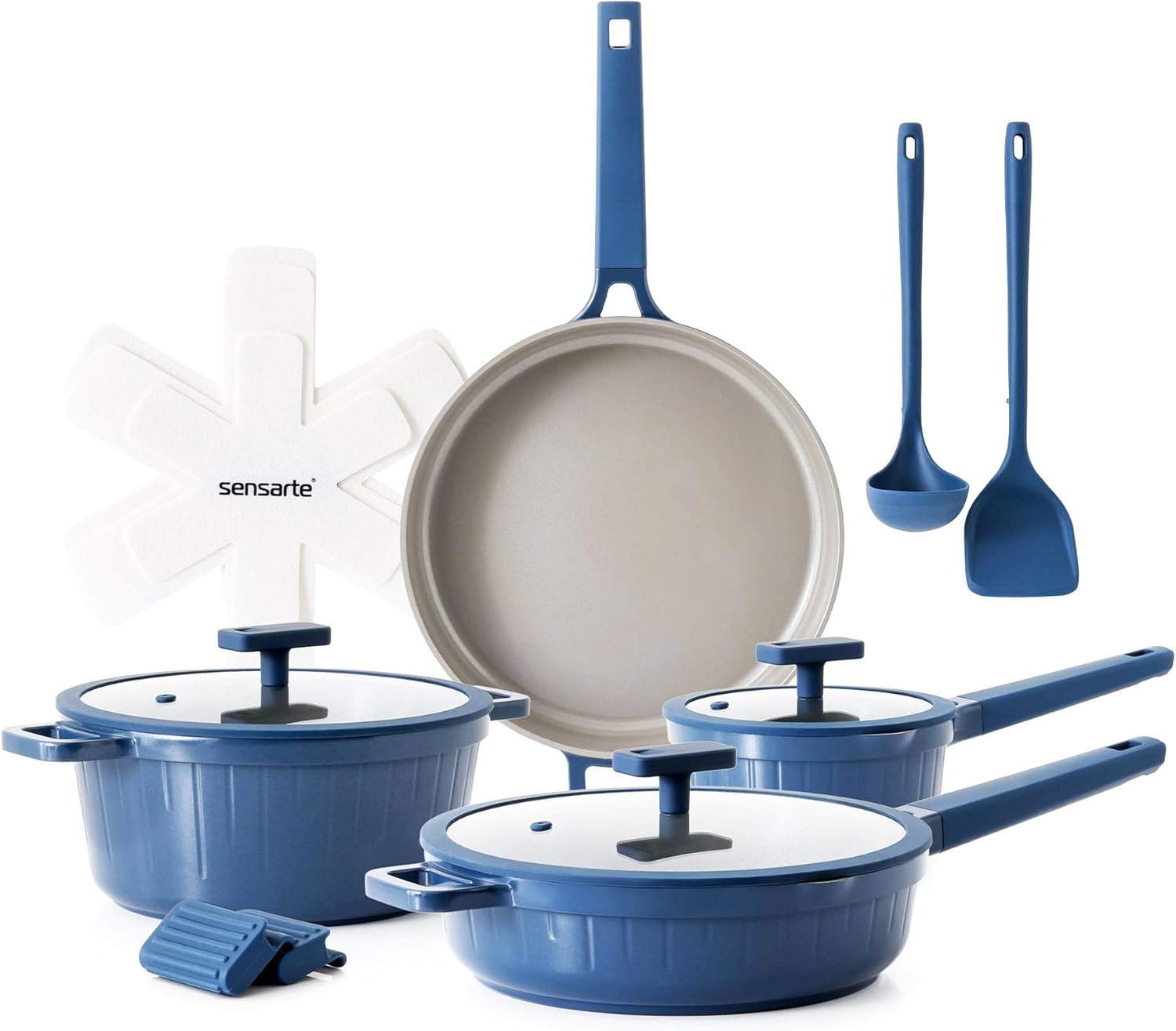 Sensarte Velvet Ceramic Cookware Set Non-toxic 14 Pcs, Nonstick Pots and Pans Set, Dishwasher Safe Induction Cookware, Healthy Kitchen Cooking Set, PFOA/PFAS/PTFE Free
