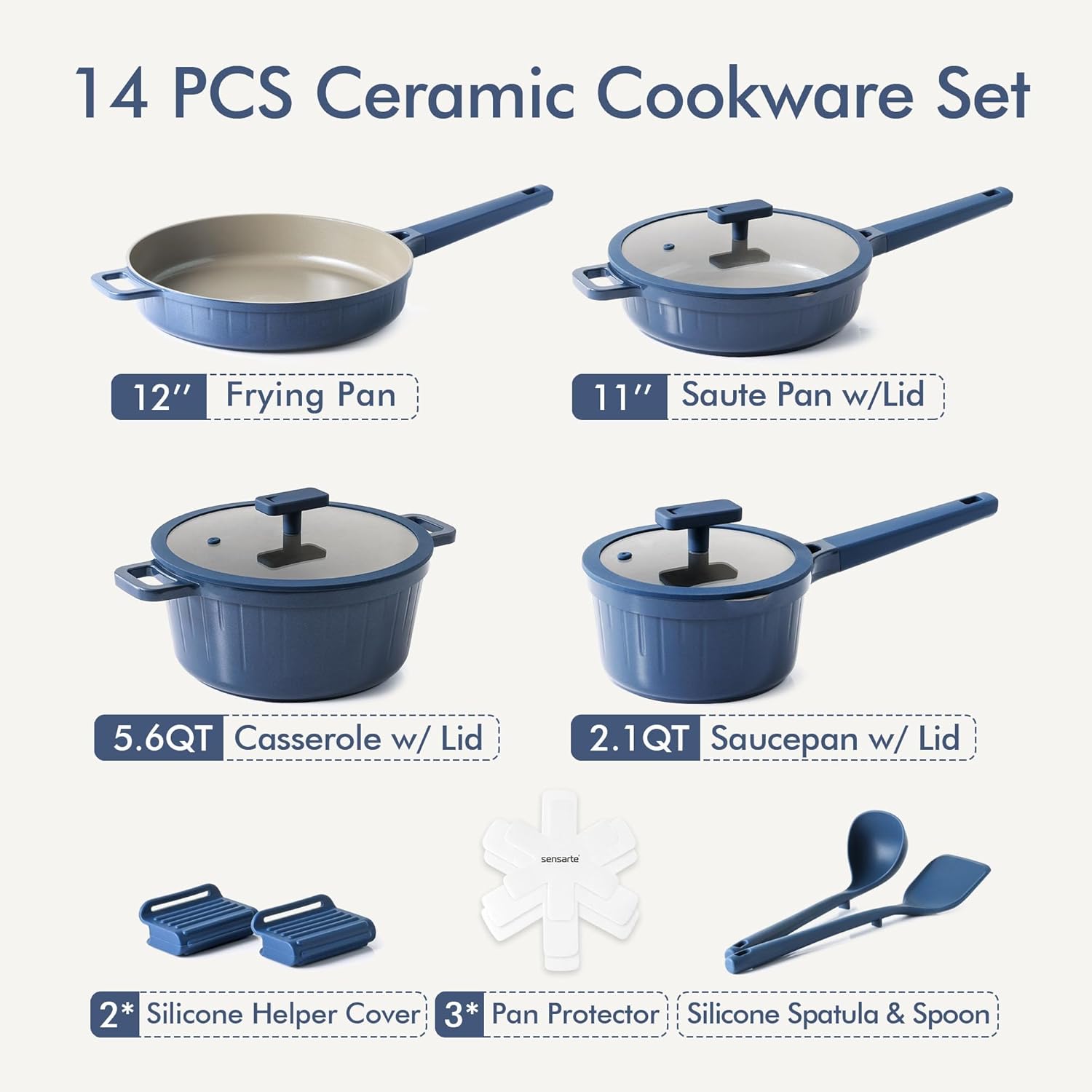 Sensarte Velvet Ceramic Cookware Set Non-toxic 14 Pcs, Nonstick Pots and Pans Set, Dishwasher Safe Induction Cookware, Healthy Kitchen Cooking Set, PFOA/PFAS/PTFE Free