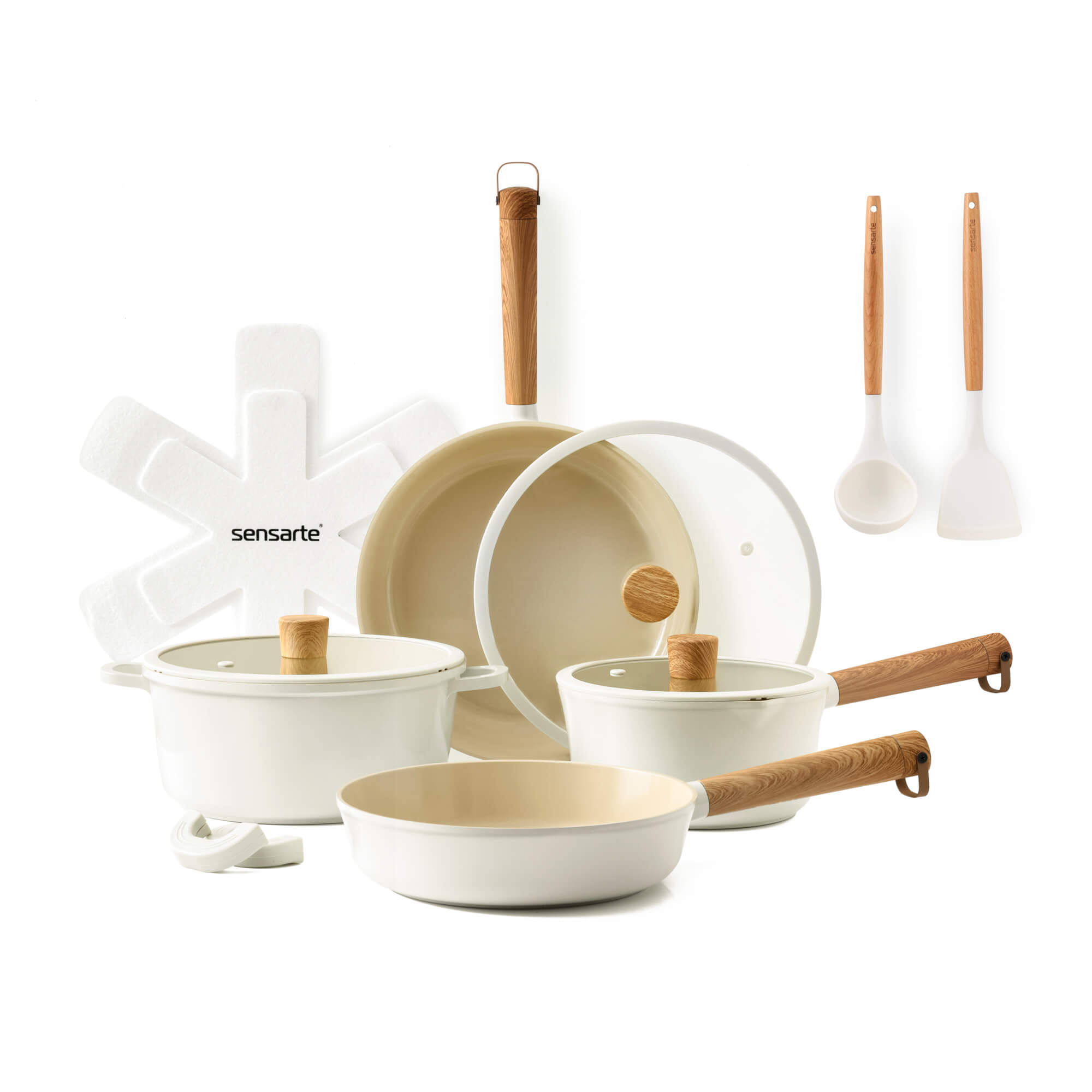 Sensarte Premium Pot and Pan Set, 13-Piece, Dishwasher & Oven Safe, Non Toxic, PFOA/PFOS Free, Black, White