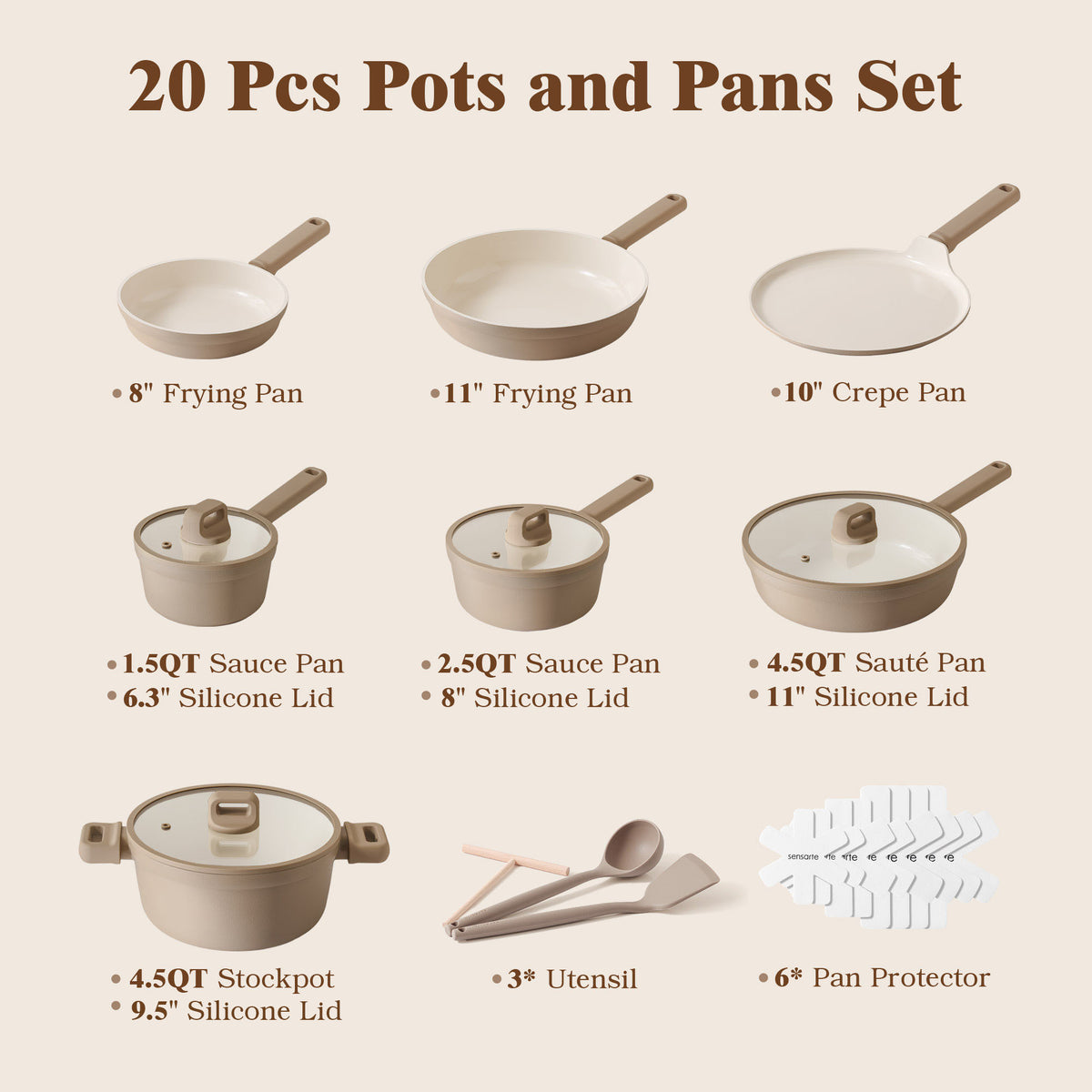 SENSARTE Ceramic Pots and Pans Set Nonstick, 20Pcs Cookware Set, Taupe