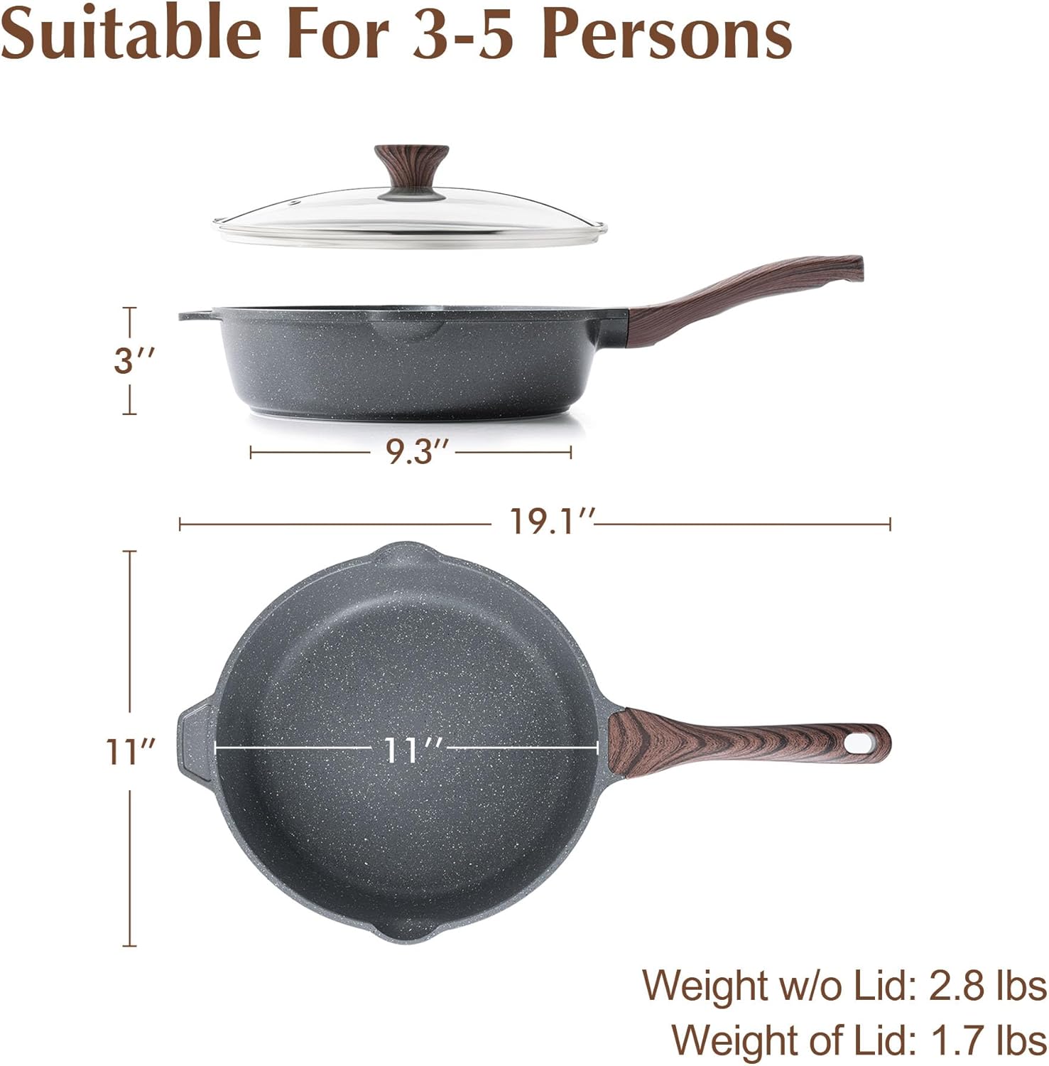 Sensarte Granite Nonstick Deep Frying Pan Skillet, 10/11/12-inch Saute Pan with Lid, Stay-cool Handle, Chef Pan Healthy Stone Cookware Cooking Pan, Induction Compatible, PFOA Free