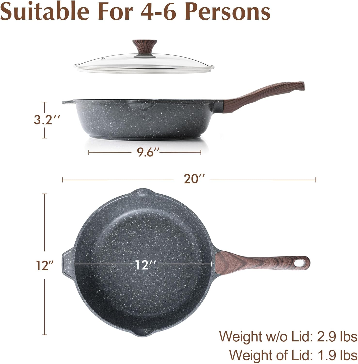 Sensarte Granite Nonstick Deep Frying Pan Skillet, 10/11/12-inch Saute Pan with Lid, Stay-cool Handle, Chef Pan Healthy Stone Cookware Cooking Pan, Induction Compatible, PFOA Free