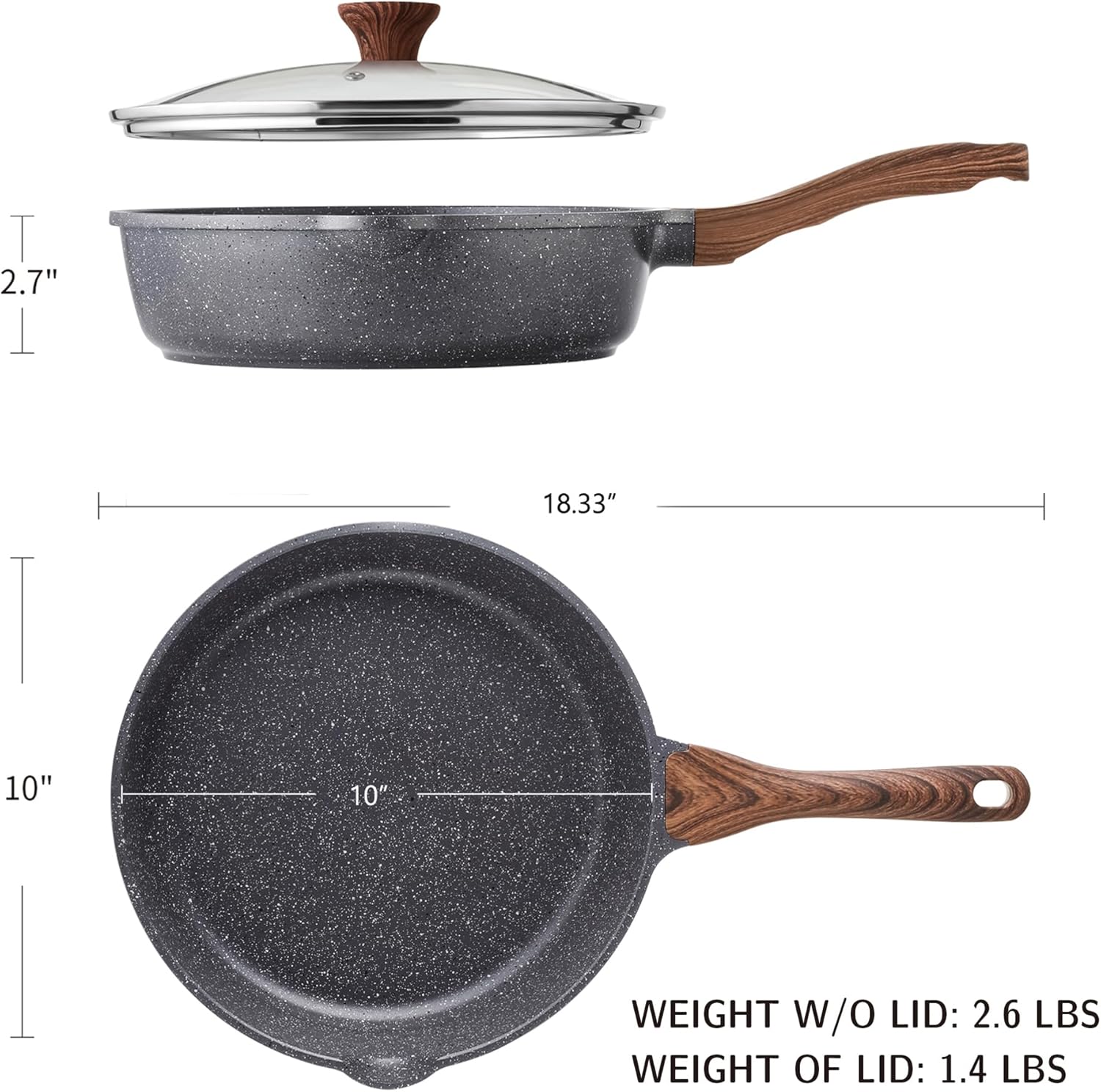 Sensarte Granite Nonstick Deep Frying Pan Skillet, 10/11/12-inch Saute Pan with Lid, Stay-cool Handle, Chef Pan Healthy Stone Cookware Cooking Pan, Induction Compatible, PFOA Free
