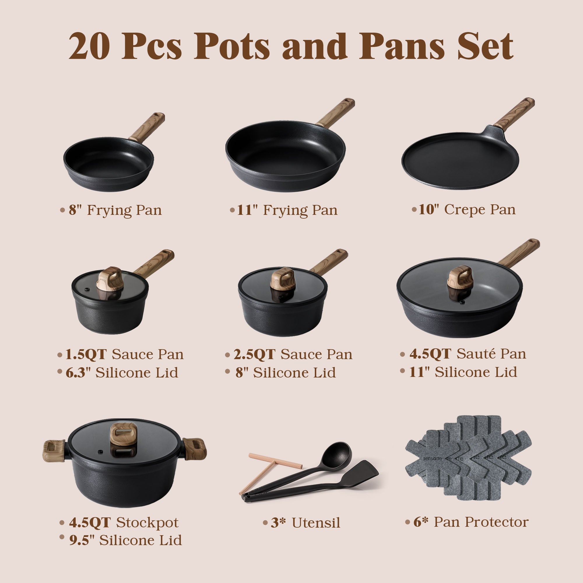 SENSARTE 20Pcs Nonstick Pots and Pans Set, Black Titanium Cookware Set