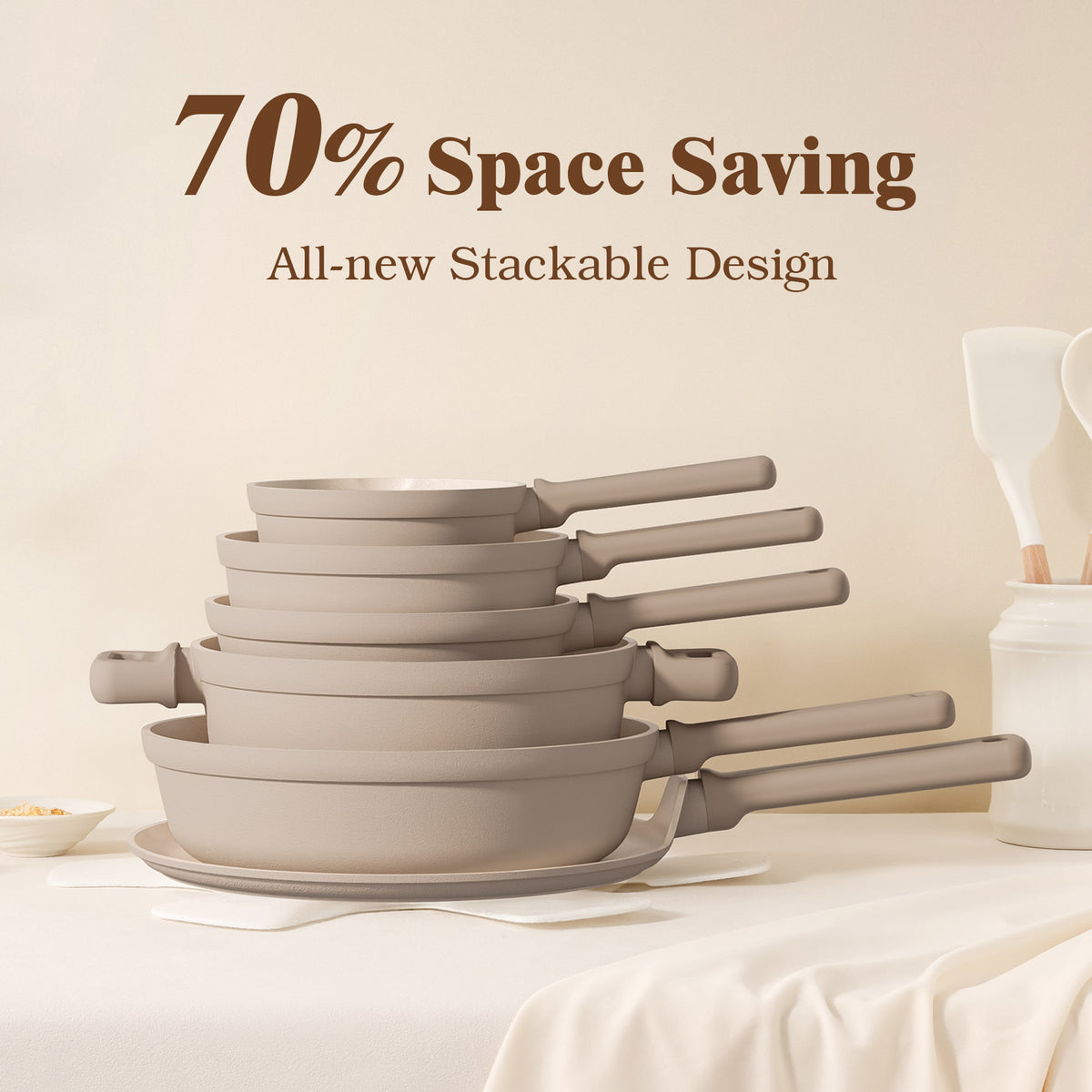 SENSARTE Ceramic Pots and Pans Set Nonstick, 20Pcs Cookware Set, Taupe