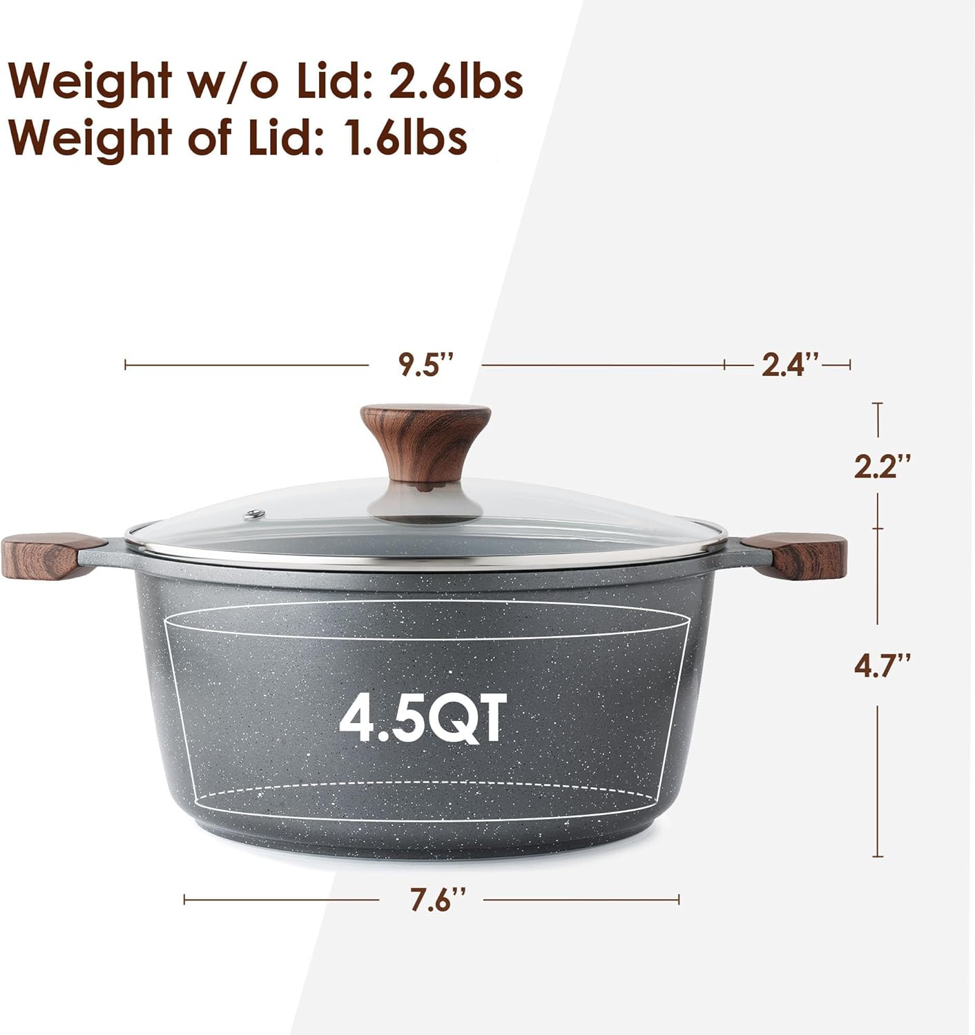 Sensarte Nonstick Dutch Oven (4.5/7QT), Induction Stock Pot Swiss Nonstick Granite Coating, Stew Pot, Healthy Cooking Pot with Lid, PFOA Free
