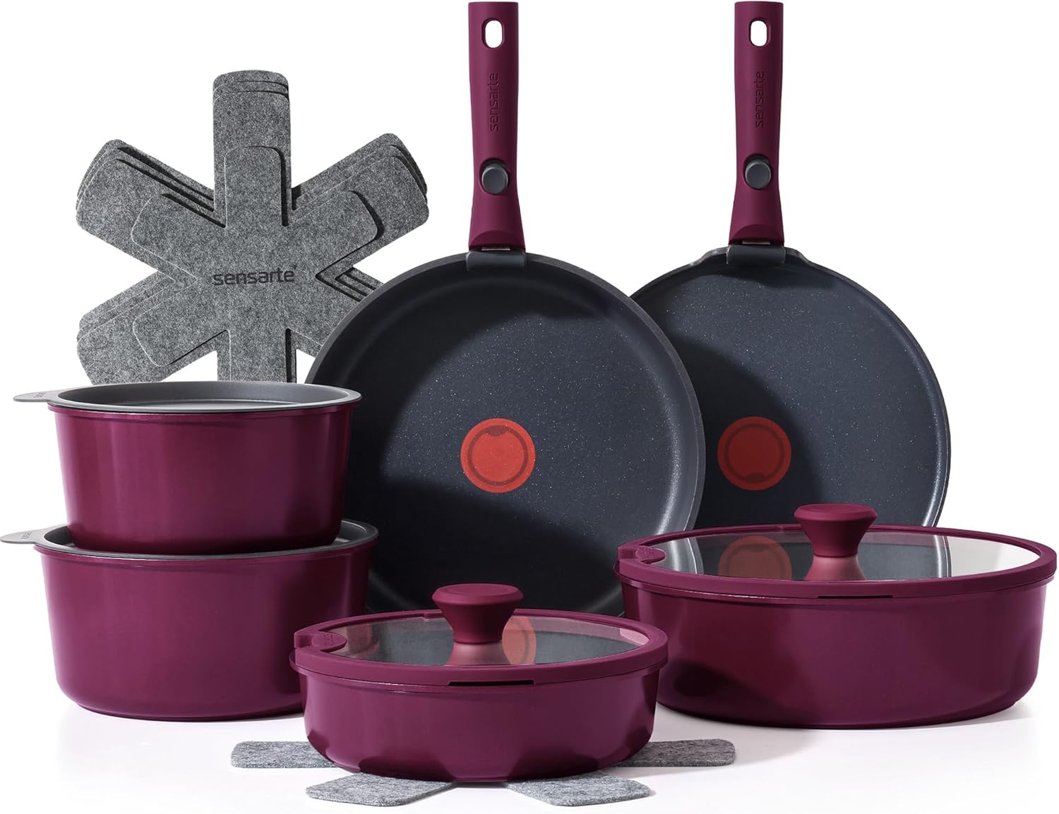 Sensarte Red-Dot 17 Piece Pots and Pans Cookware Set, Nonstick Detachable Handle, Induction Thermo-Signal, Non Stick for RV, Dishwasher ＆ Oven Safe