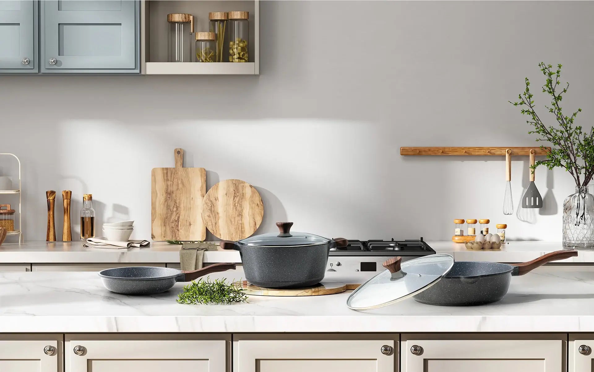 Sensarte Nonstick Cookware Set 13-Piece, Non Stick Pots and Pans Set with Swiss Granite Coating, Non-toxic Kitchen Cooking Set, Stay-Cool Handles, PFOA Free