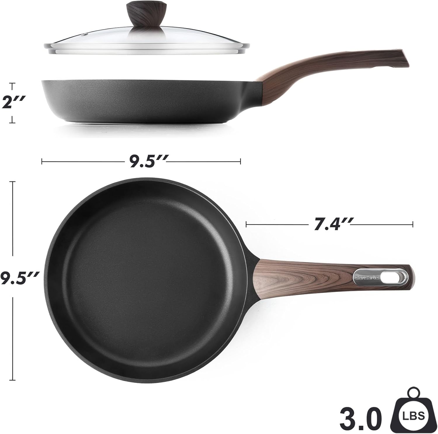 Sensarte Duramax Nonstick Frying Pan Skillet with Lid, 8/9.5/11/12.5-Inch Non Stick Pan Omelette Pans, Healthy Kitchen Cooking Chef's Pan with Cover, Free of Intentionally Added PFOA/PFOS, Induction Compatible, Black